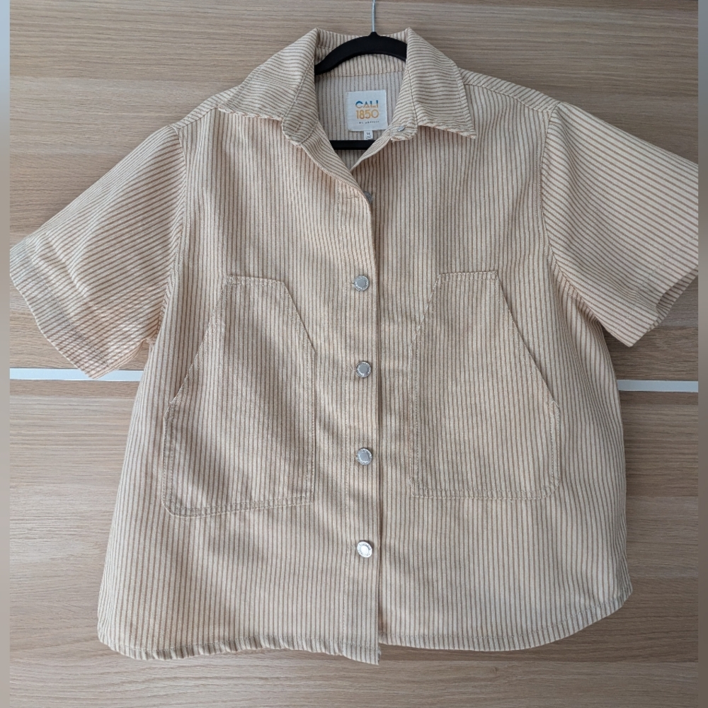 Cali 1850 Beige Striped Button-Up  Canvas Shirt
